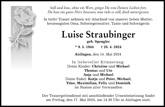 Traueranzeige von Luise Straubinger von Donau Zeitung