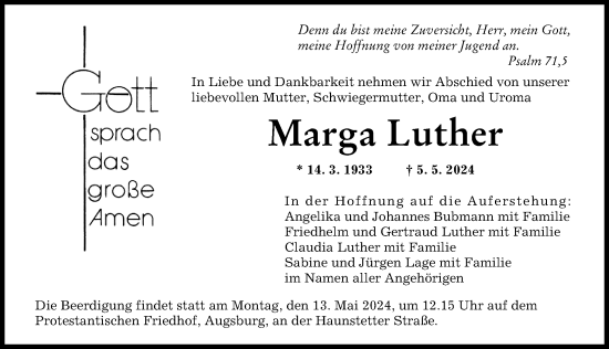 Traueranzeige von Marga Luther von Augsburger Allgemeine