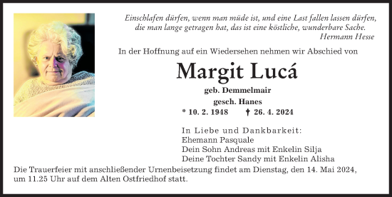 Traueranzeige von Margit Luca von Augsburger Allgemeine