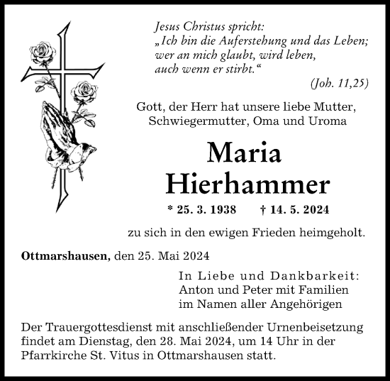 Traueranzeige von Maria Hierhammer von Augsburger Allgemeine