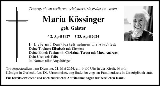Traueranzeige von Maria Kössinger von Neu-Ulmer Zeitung