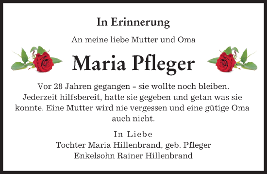 Traueranzeige von Maria Pfleger von Augsburger Allgemeine