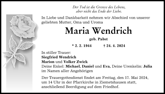 Traueranzeige von Maria Wendrich von Landsberger Tagblatt, Friedberger Allgemeine, Mittelschwäbische Nachrichten