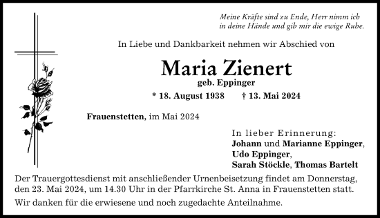 Traueranzeige von Maria Zienert von Wertinger Zeitung, Donau Zeitung