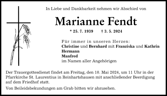 Traueranzeige von Marianne Fendt von Schwabmünchner Allgemeine