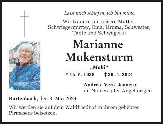 Traueranzeige von Marianne Mukensturm von Günzburger Zeitung
