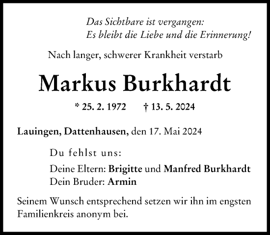 Traueranzeige von Markus Burkhardt von Donau Zeitung