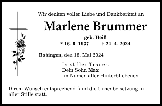 Traueranzeige von Marlene Brummer von Schwabmünchner Allgemeine