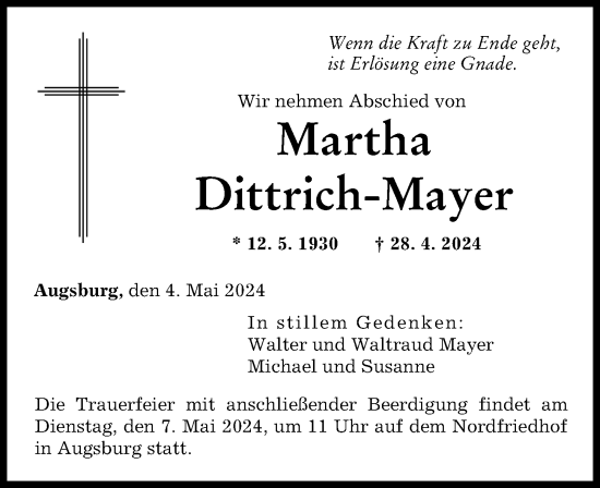 Traueranzeige von Martha Dittrich-Mayer von Augsburger Allgemeine