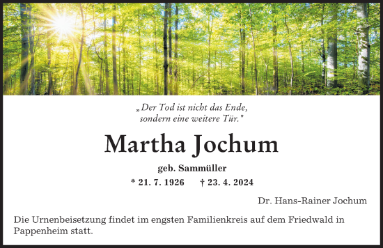 Traueranzeige von Martha Jochum von Augsburger Allgemeine