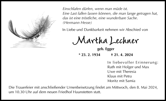 Traueranzeige von Martha Lechner von Augsburger Allgemeine