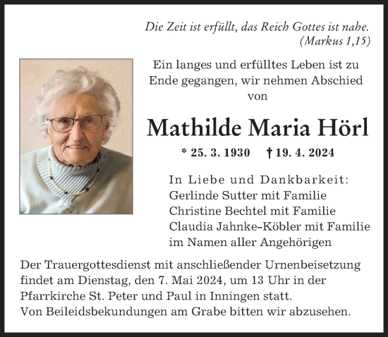 Traueranzeige von Mathilde Maria Hörl von Augsburger Allgemeine