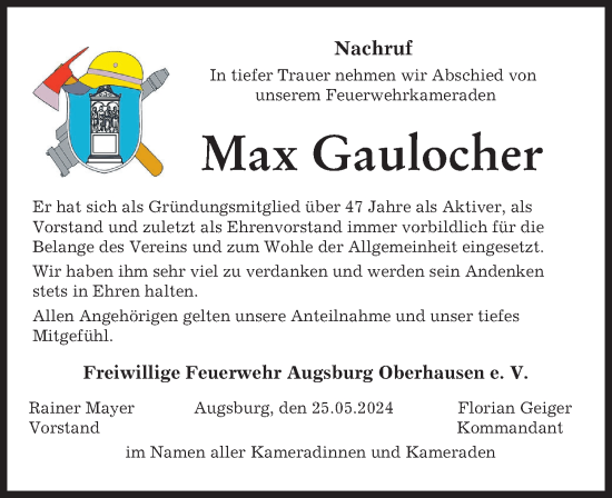 Traueranzeige von Max Gaulocher von Augsburger Allgemeine