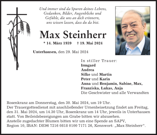 Traueranzeige von Max Steinherr von Neuburger Rundschau