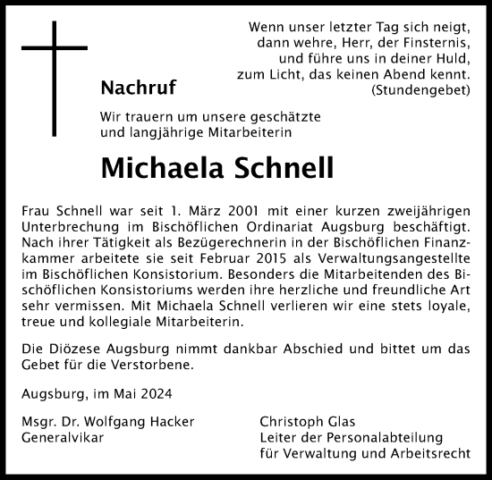 Traueranzeige von Michaela Schnell von Augsburger Allgemeine