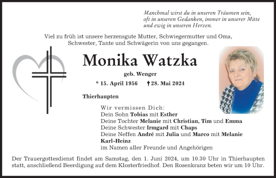 Traueranzeige von Monika Watzka von Augsburg-Land, Donauwörther Zeitung
