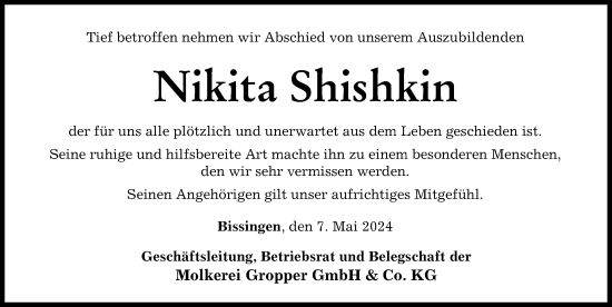 Traueranzeige von Nikita Shishkin von Rieser Nachrichten