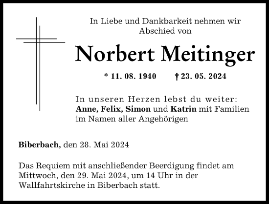 Traueranzeige von Norbert Meitinger von Augsburg-Land