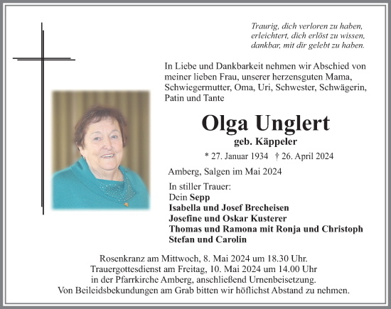 Traueranzeige von Olga Unglert von Mindelheimer Zeitung
