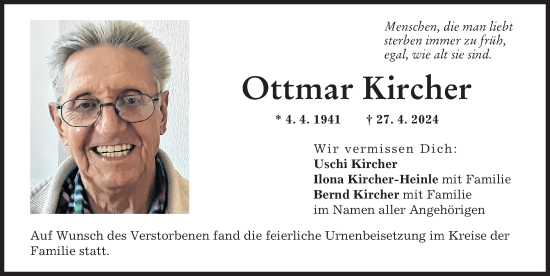 Traueranzeige von Ottmar Kircher von Günzburger Zeitung