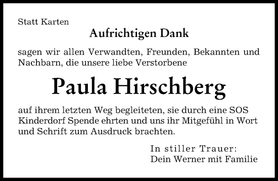 Traueranzeige von Paula Hirschberg von Augsburger Allgemeine