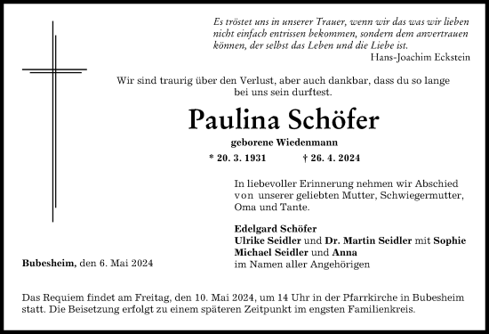 Traueranzeige von Paulina Schöfer von Günzburger Zeitung