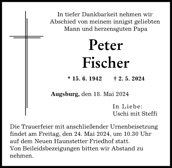 Traueranzeige von Peter Fischer von Augsburger Allgemeine