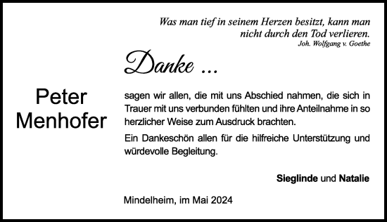 Traueranzeige von Peter Menhofer von Mindelheimer Zeitung