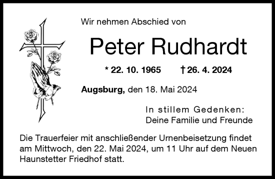 Traueranzeige von Peter Rudhardt von Augsburger Allgemeine