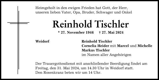 Traueranzeige von Reinhold Tischler von Neuburger Rundschau