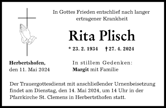 Traueranzeige von Rita Plisch von Augsburg-Land