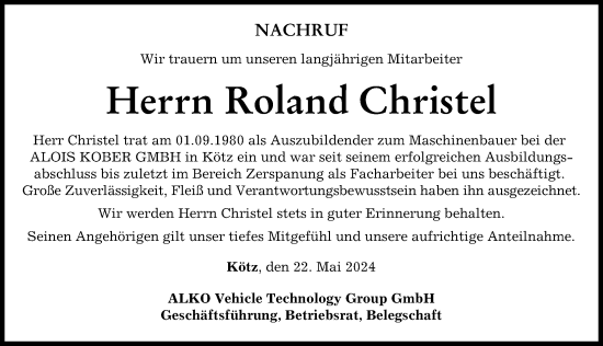 Traueranzeige von Roland Christel von Günzburger Zeitung