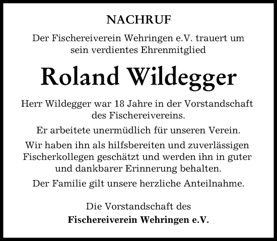 Traueranzeige von Roland Wildegger von Schwabmünchner Allgemeine