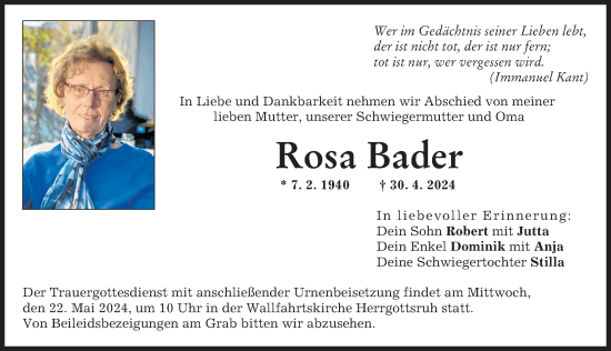 Traueranzeige von Rosa Bader von Friedberger Allgemeine