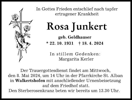 Traueranzeige von Rosa Junkert von Augsburger Allgemeine