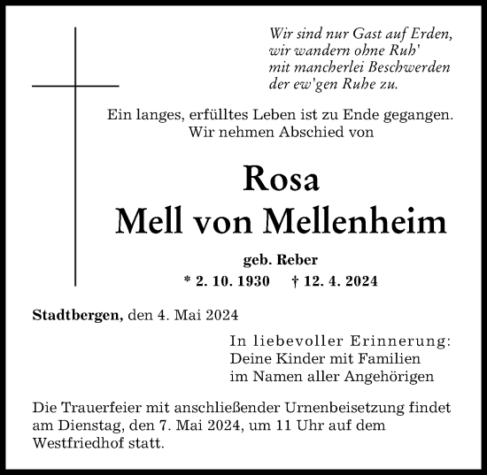 Traueranzeige von Rosa Mell von Mellenheim von Augsburger Allgemeine