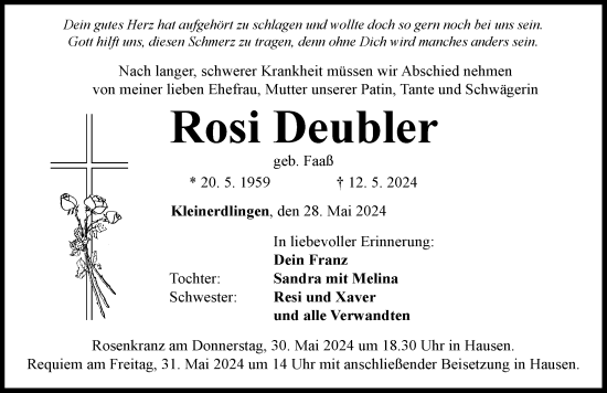 Traueranzeige von Rosi Deubler von Rieser Nachrichten