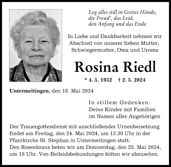 Traueranzeige von Rosina Riedl von Schwabmünchner Allgemeine