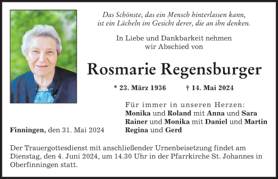 Traueranzeige von Rosmarie Regensburger von Donau Zeitung