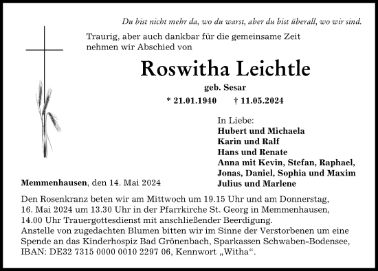 Traueranzeige von Roswitha Leichtle von Mittelschwäbische Nachrichten