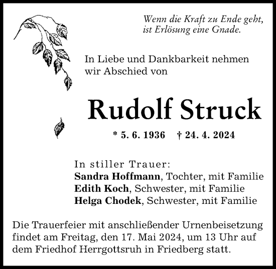 Traueranzeige von Rudolf Struck von Friedberger Allgemeine