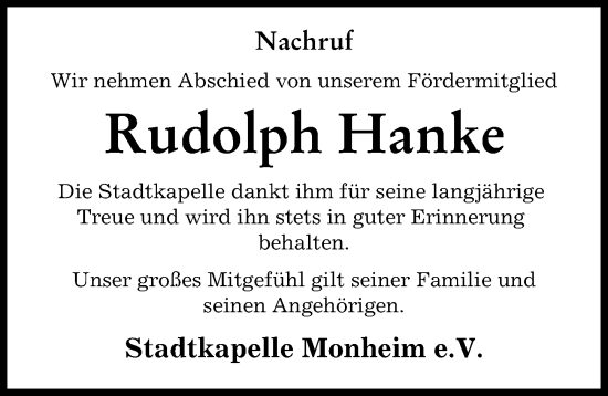 Traueranzeige von Rudolph Hanke von Donauwörther Zeitung