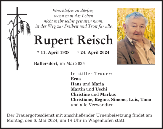 Traueranzeige von Rupert Reisch von Neuburger Rundschau