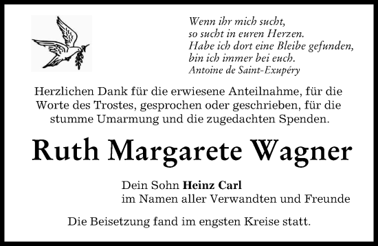 Traueranzeige von Ruth Margarete Wagner von Schwabmünchner Allgemeine