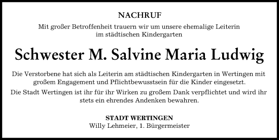 Traueranzeige von Salvine Maria Ludwig von Wertinger Zeitung