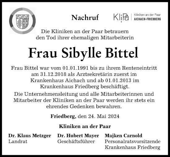 Traueranzeige von Sibylle Bittel von Friedberger Allgemeine, Aichacher Nachrichten