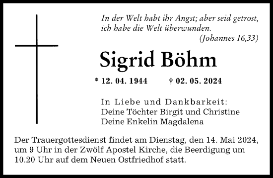 Traueranzeige von Sigrid Böhm von Augsburger Allgemeine