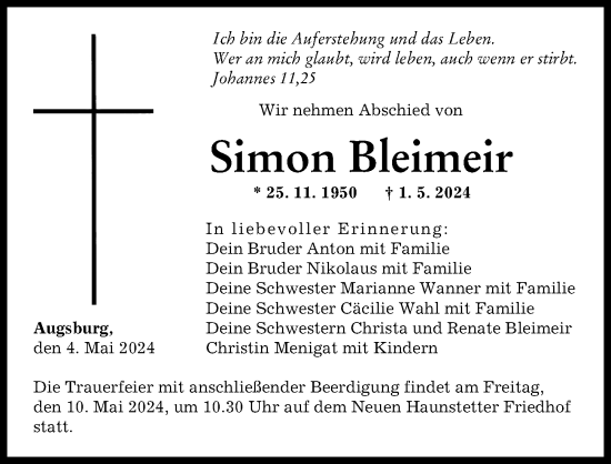 Traueranzeige von Simon Bleimeir von Augsburger Allgemeine