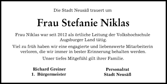 Traueranzeige von Stefanie Niklas von Augsburger Allgemeine