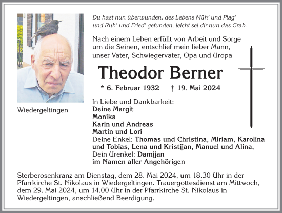 Traueranzeige von Theodor Berner von Mindelheimer Zeitung